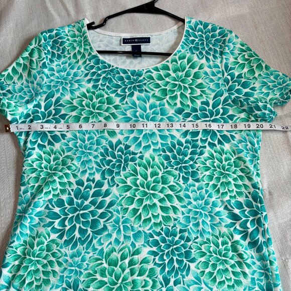 Karen Scott Womens Green & Blue Floral Short Sleeve Top Size L Cotton/Polyester - Picture 6 of 8